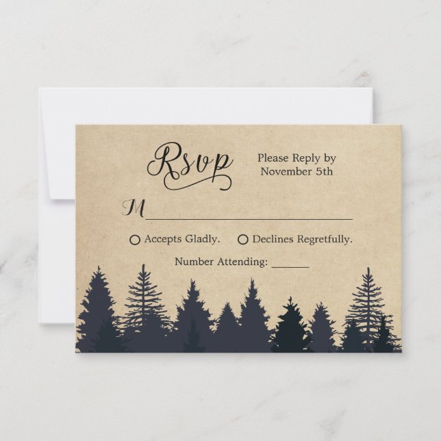 Rustic Kraft Pine Trees Winter Wedding RSVP (Front)