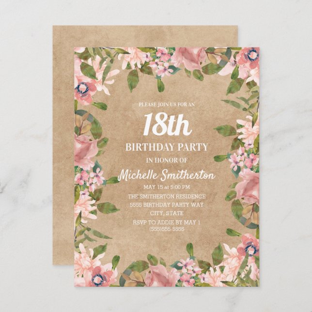 Rustic Kraft Pink Watercolor Floral 18th Birthday Invitation (Front/Back)