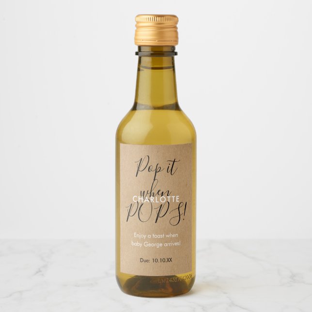 Rustic Kraft Pop It When She POPS Baby Shower Wine Label (Front)