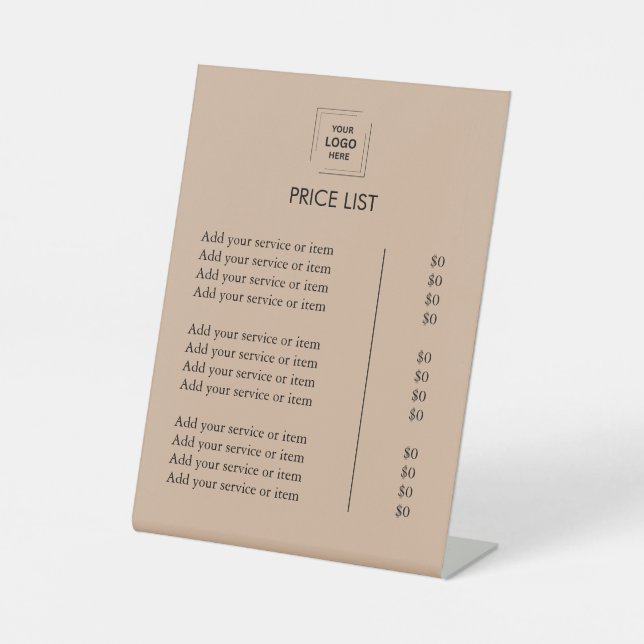 Rustic Kraft Price List Tabletop Pedestal Sign (Front)
