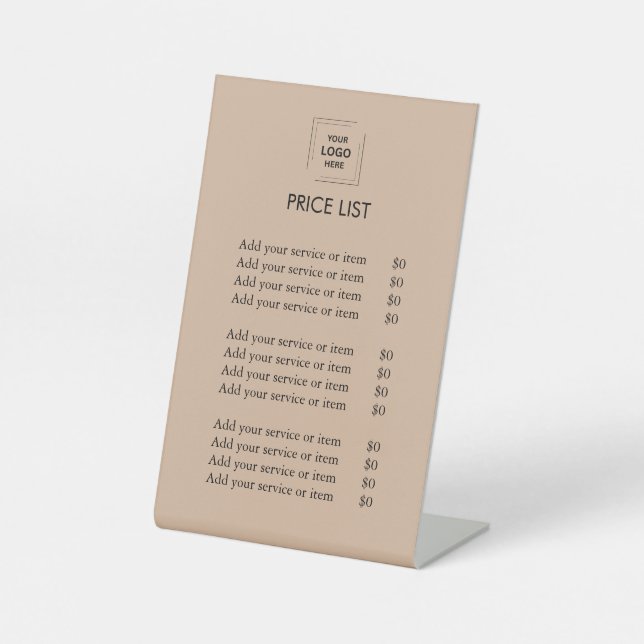 Rustic Kraft Price List Tabletop Pedestal Sign (Front)