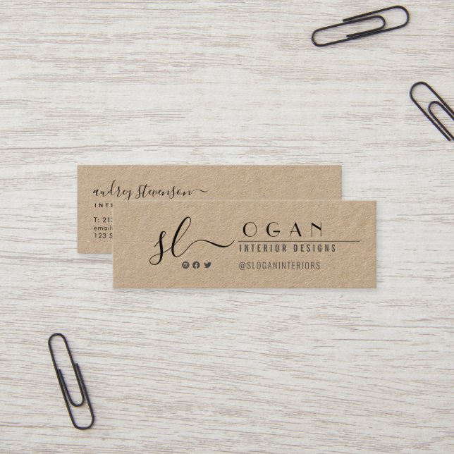 Rustic Kraft Professional Chic Monogram Black Mini Business Card (Front/Back In Situ)