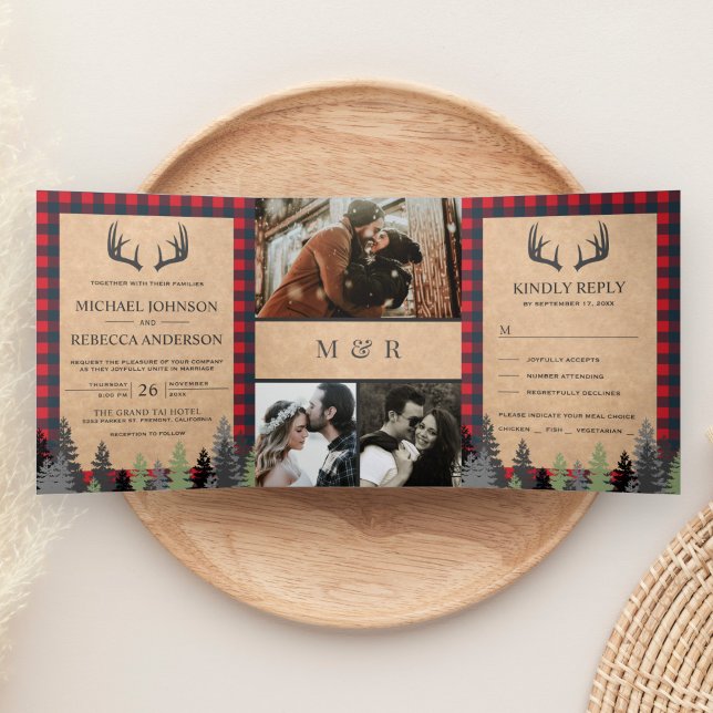 Rustic Kraft Red Buffalo Plaid Deer Antler Wedding Tri-Fold Invitation (Creator Uploaded)