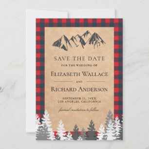Rustic Kraft Red Buffalo Plaid Mountain Wedding Save The Date