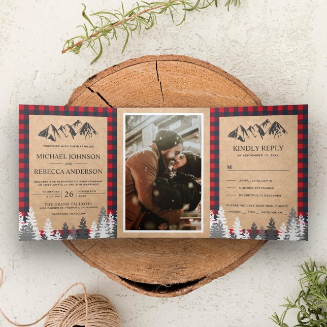 Rustic Kraft Red Buffalo Plaid Mountain Wedding Tri-Fold Invitation (Creator Uploaded)