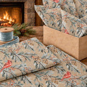 Rustic Kraft Red Cardinal Juniper Branches Berries Tissue Paper