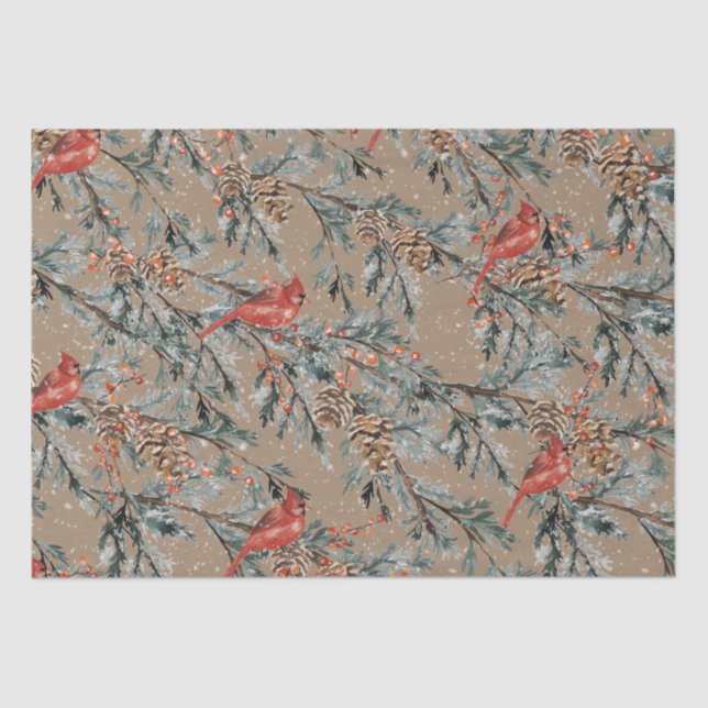 Rustic Kraft Red Cardinal Juniper Branches Berries Tissue Paper (Front)