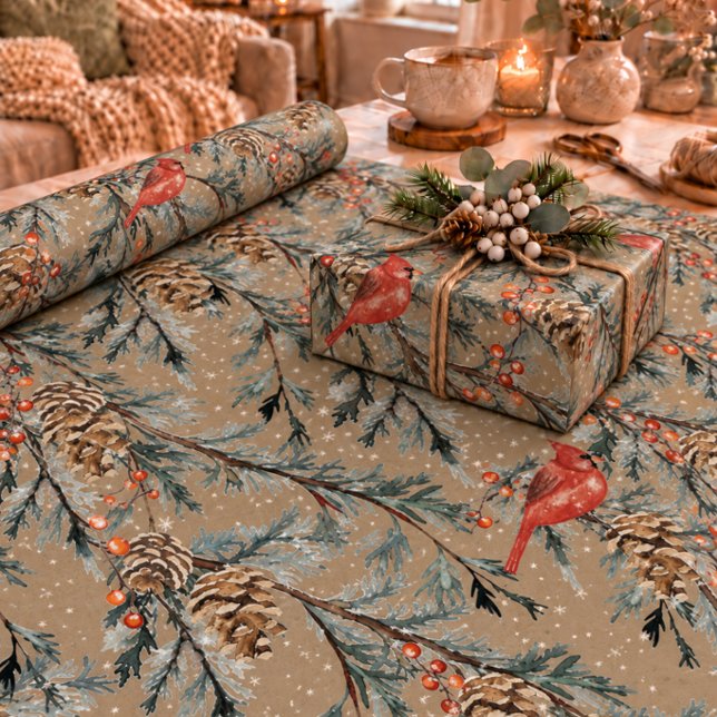 Rustic Kraft Red Cardinal Juniper Branches Berries Wrapping Paper (Creator Uploaded)