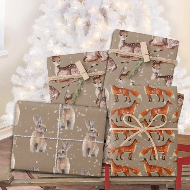 Rustic Kraft Red Fox Doe Hare & Snowflakes Wrapping Paper Sheet (Rustic Kraft Red Fox Doe Hare & Snowflakes Christmas Holiday Gift Wrapping Paper Sheets Trio)