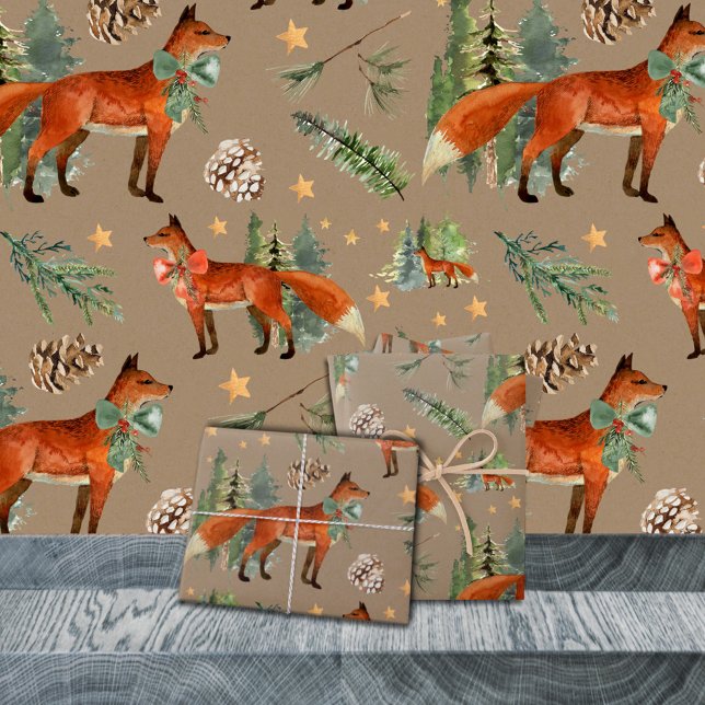 Rustic Kraft Red Fox In A Christmas Holiday Forest Wrapping Paper Sheet (Rustic Kraft Red Fox In The Holiday Forest Christmas Gift Wrapping Paper Sheets Trio)