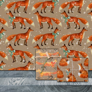 Rustic Kraft Red Fox With Bows And Snowflakes  Wrapping Paper Sheet