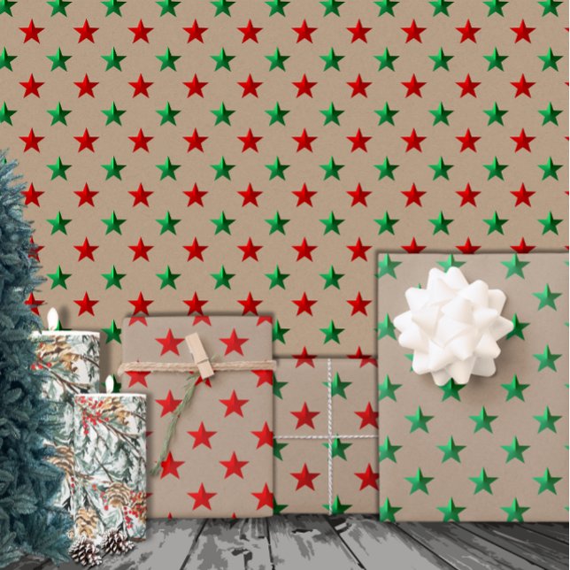 Rustic Kraft Red Green Stars Christmas Holiday Wrapping Paper Sheet (Creator Uploaded)