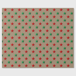 Rustic Kraft Red Green Stars Holiday Wrapping Paper