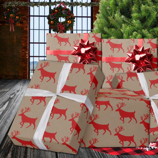 Rustic Kraft Red Stag Reindeer Wrapping Paper (Rustic Kraft Red Stag Reindeer Christmas Holiday Gift Wrapping Paper Rolls)