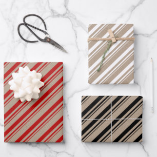 Rustic Kraft Red White Black Candy Stripes Wrapping Paper Sheet
