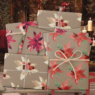 Rustic Kraft Red & White Foral Holiday Poinsettia  Wrapping Paper Sheet
