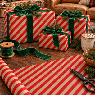Rustic Kraft Red Wide Stripe Holiday Wrapping Paper