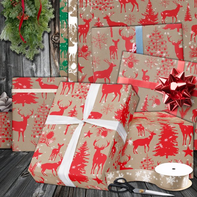 Rustic Kraft Red Woodland Forest Reindeer Wrapping Paper (Rustic Kraft Red Woodland Forest Reindeer Wrapping Paper in 6 & 15 foot long 30 inch rolls)