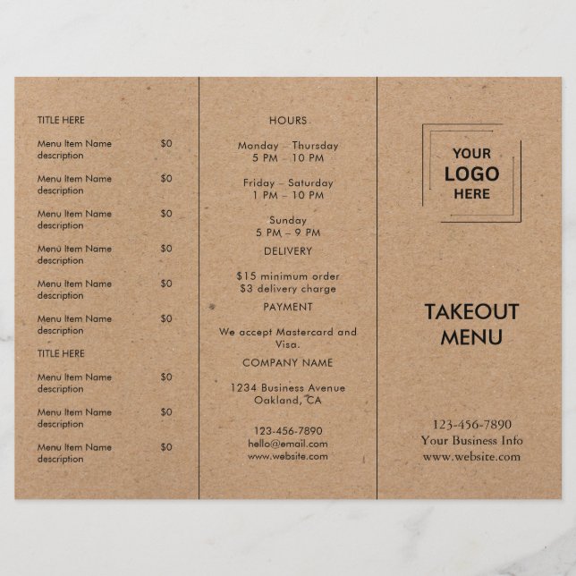 Rustic Kraft Restaurant Takeout Menu Design (Front)