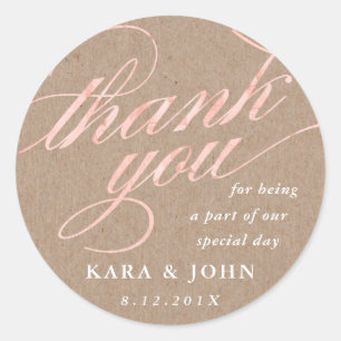 Rustic Kraft & Rose Gold Script Thank You Favour Classic Round Sticker