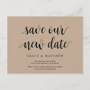 Rustic Kraft, Save our new date, wedding postponed Postcard