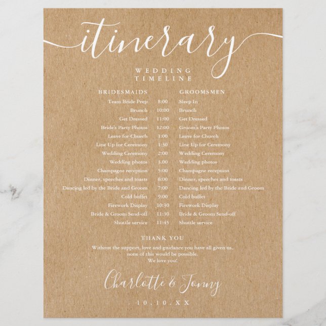 Rustic Kraft Schedule Wedding Itinerary Timeline (Front)