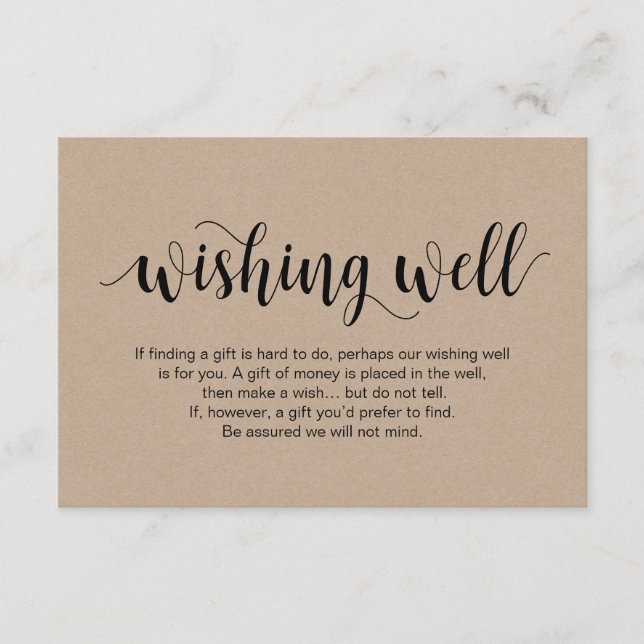 Rustic kraft Script, Black, Wedding Wishing Well Enclosure Card (Front)
