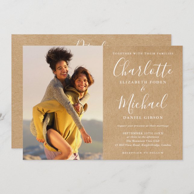 Rustic Kraft Script Photo Wedding All In One Invitation (Front/Back)