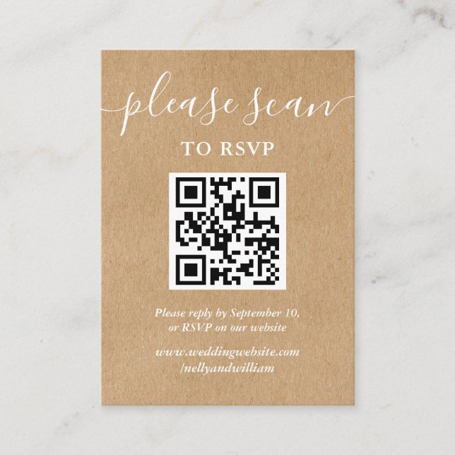 Rustic Kraft Script RSVP QR Code Enclosure Card (Front)