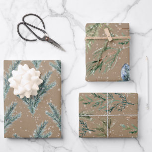 Rustic Kraft Silver Blue Spruce Winter Greenery Wrapping Paper Sheet