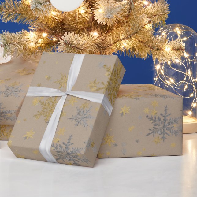 Rustic Kraft Silver & Gold Snowflakes Wrapping Paper (Holidays)