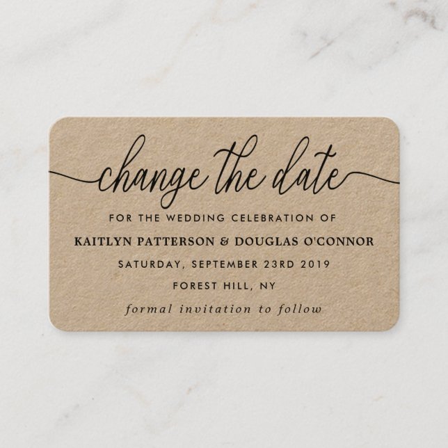 Rustic Kraft Simple Script Change The Date Business Card (Front)