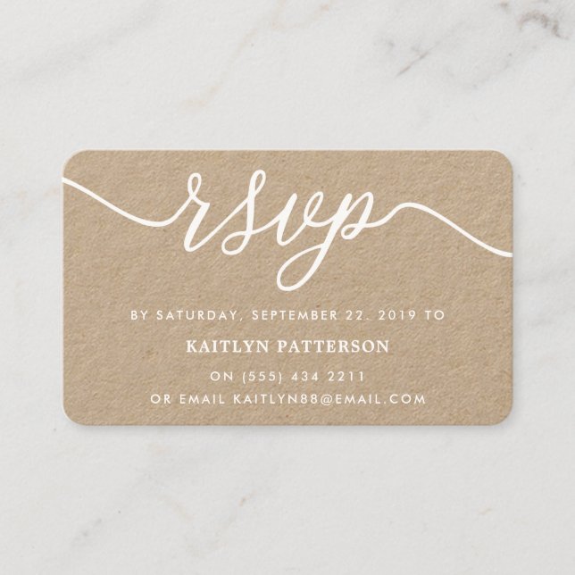 Rustic Kraft Simple Script RSVP Business Card (Front)