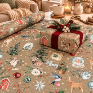 Rustic Kraft Snowy Reindeer & Everything Christmas Wrapping Paper