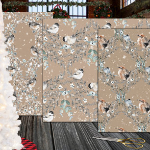 Rustic Kraft Snowy Winter Birds Nesting Wrapping Paper Sheet