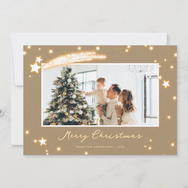 Rustic Kraft Sparkly Star Photo Christmas Cards (Front)