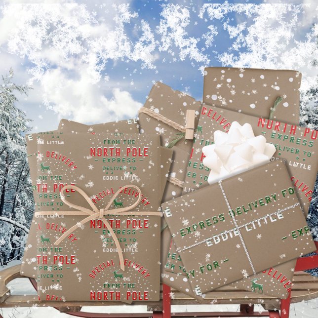 Rustic Kraft Special Delivery From The North Pole Wrapping Paper Sheet (Special Delivery From The North Pole Write a Child or Adult's Name on Rustic Kraft Wrapping Paper )