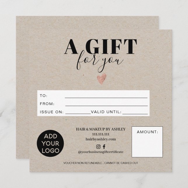Rustic kraft square gift certificate logo (Front/Back)