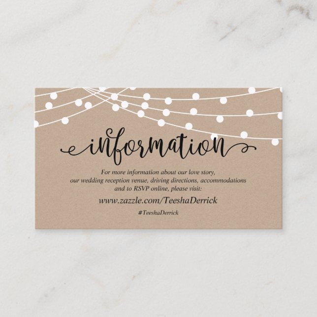 Rustic kraft string light, Wedding Details website Enclosure Card (Front)