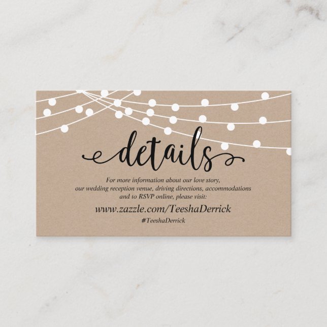 Rustic kraft string light, Wedding Details website Enclosure Card (Front)