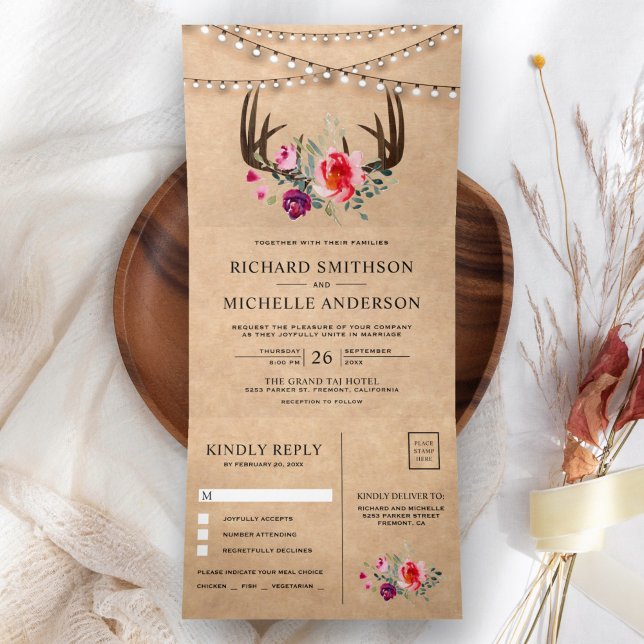 Rustic Kraft String Lights Floral Antler Wedding Tri-Fold Invitation (Creator Uploaded)