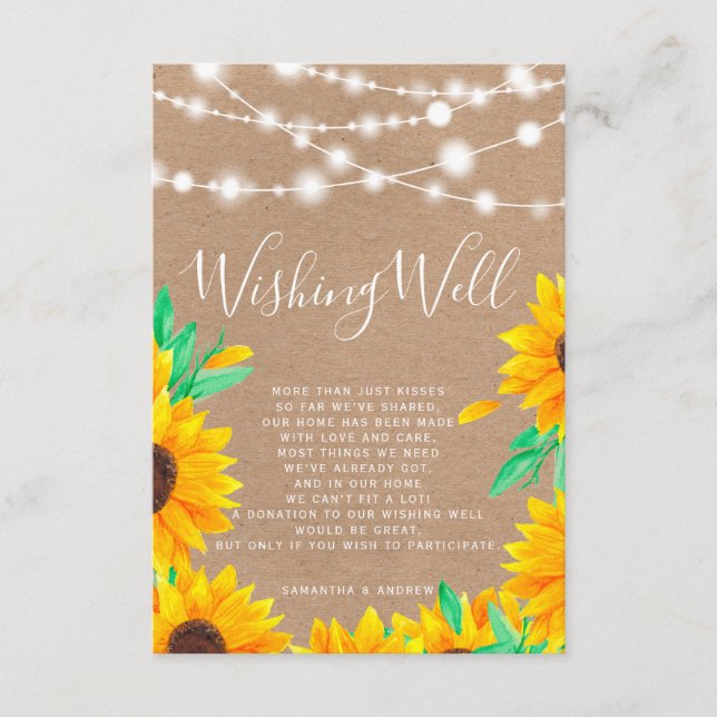 Rustic kraft string lights sunflowers wishing well enclosure card (Front)