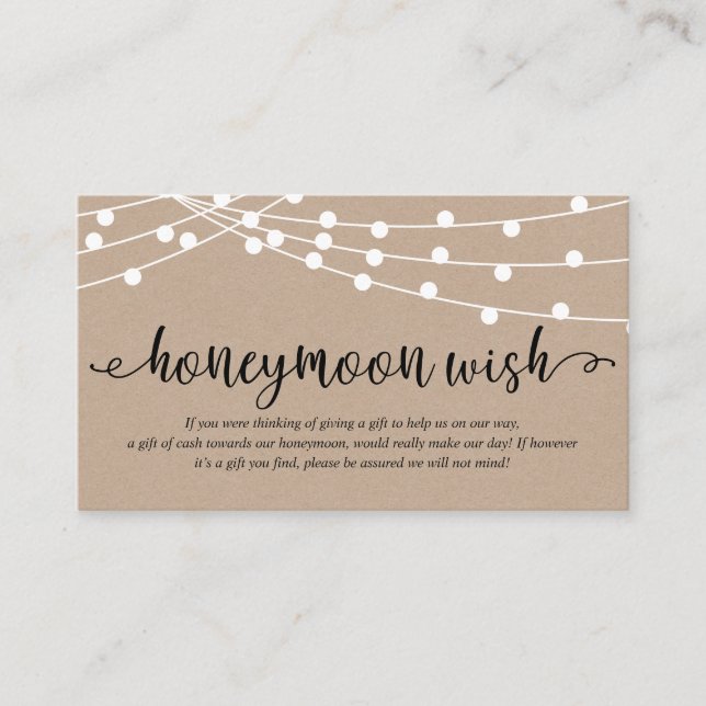 Rustic kraft string lights, Wedding Honeymoon Fund Enclosure Card (Front)