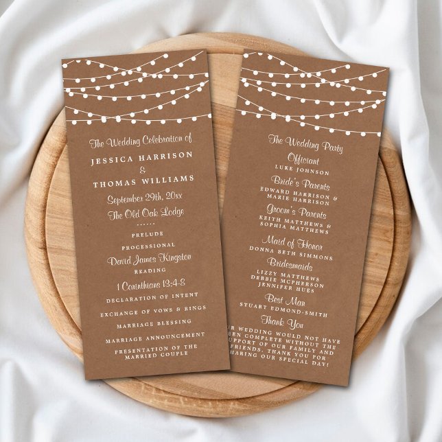 Rustic Kraft String Lights Wedding Program Rack Card (Creator Uploaded)