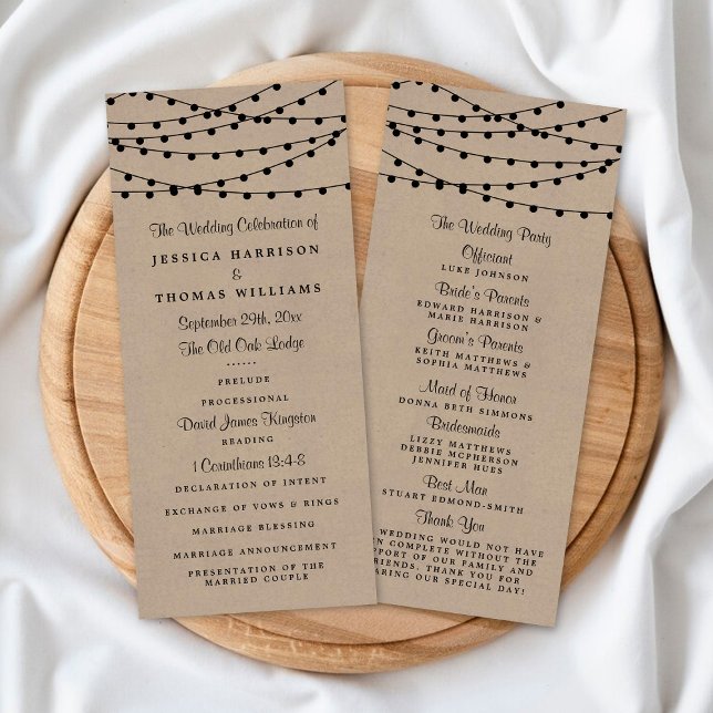 Rustic Kraft String Lights Wedding Program Rack Card (Creator Uploaded)
