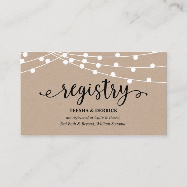 Rustic kraft string lights, Wedding Registry Enclosure Card (Front)