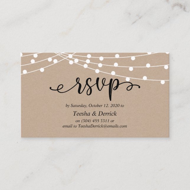 Rustic kraft string lights, Wedding RSVP Enclosure Card (Front)