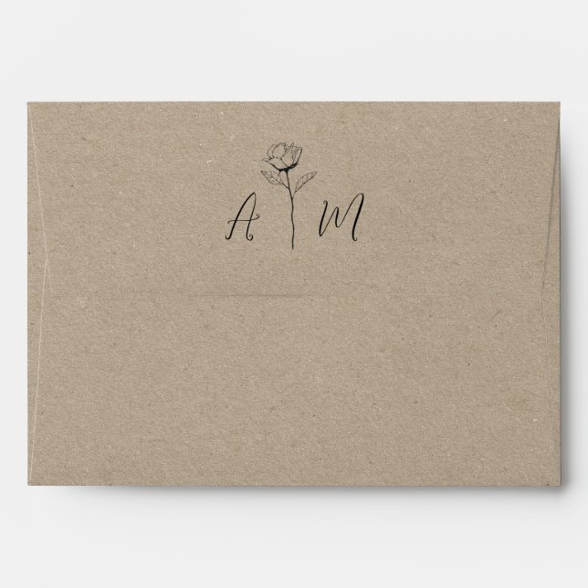 Rustic Kraft Style Drawn Rose Monogram Wedding Envelope (Back (Top Flap))