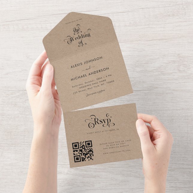 Rustic Kraft Style Modern Typography Qr Code RSVP All In One Invitation (Tearaway)