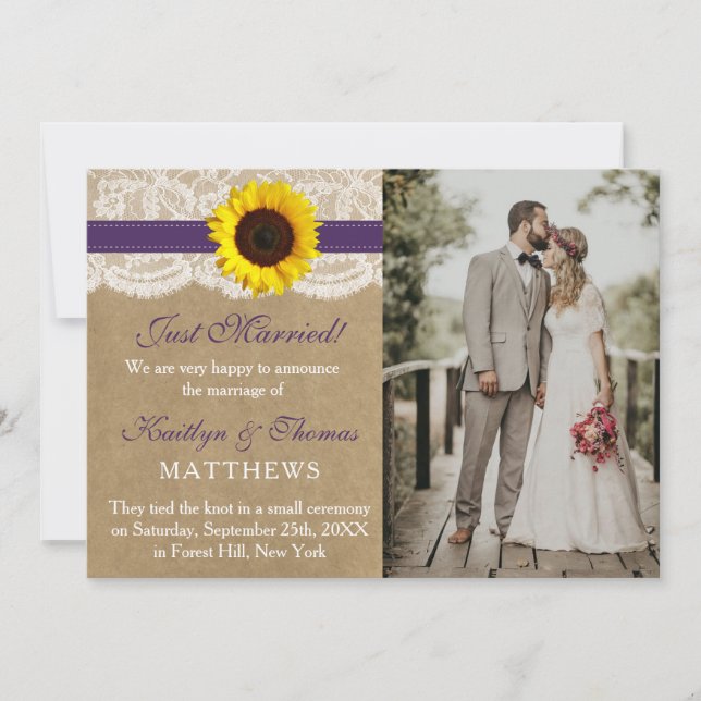 Rustic Kraft Sunflower Wedding Photo Marriage Announcement (Front)